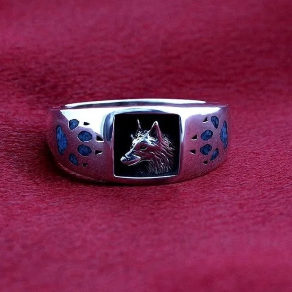 Men's Southwest Simulated Turquoise Wolf Claw And Wolf Head Silver Ring Size 6